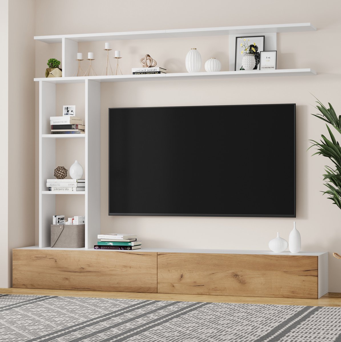 WUVRIE Tv-meubel 180 cm - 2 kleppen, open vakken, hangend of staand - Wit/eiken Wit en eikenkleur