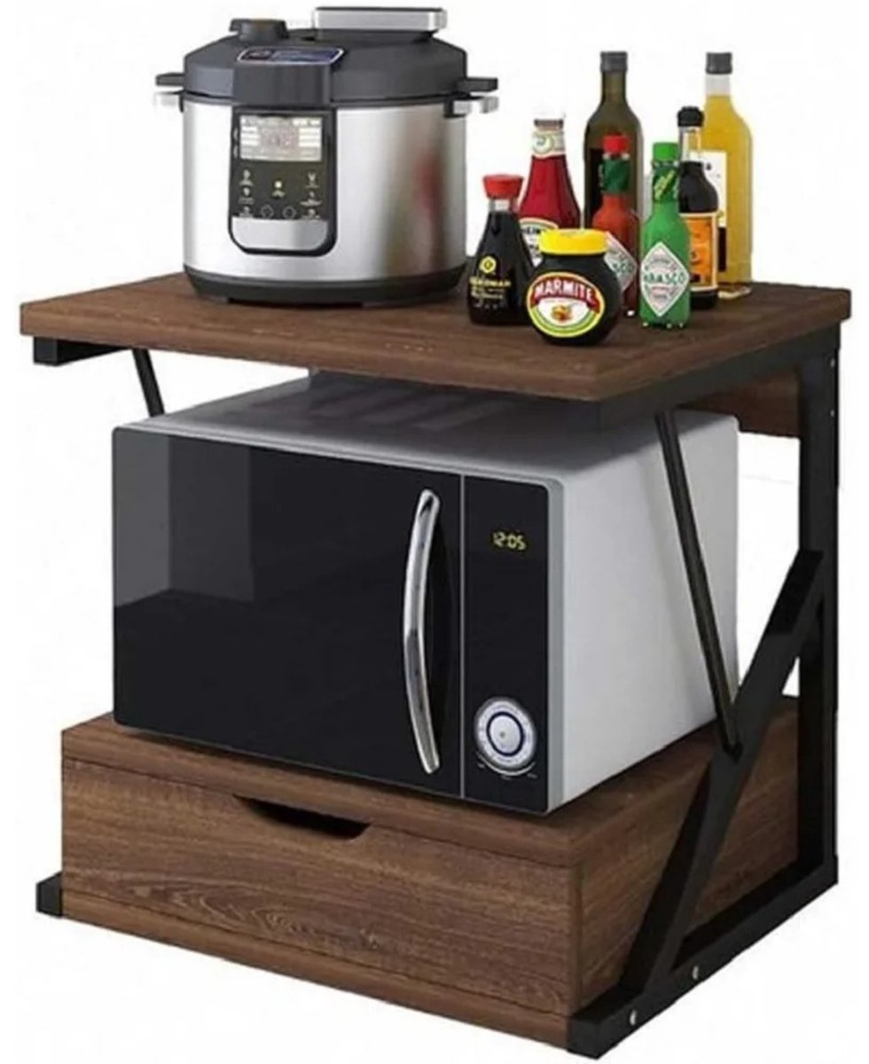 Noventra Magnetronrek met Lade – Keukenrek en Magnetronkast – Keuken Organizer met Opbergruimte – Houten Keukenrek met Metalen Frame – Bruin/Zwart