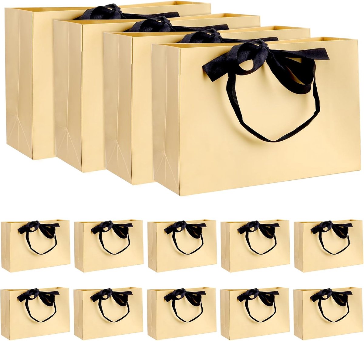 JIEHIN 24 stuks 30 x 20 x 10 cm papieren cadeauzakjes met handvat, groot, gouden cadeauzakjes met strik, zwart - ShopVlot