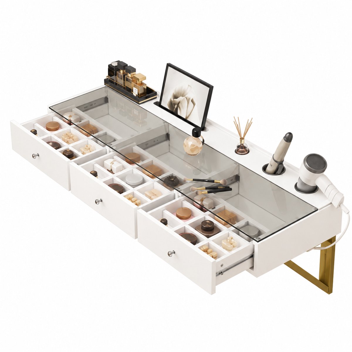 VILIMA - Makeuptafel - Wandgemonteerde makeuptafel - 3 laden - Met glazen plaat - 2 houders voor Föhn en krultang - Wit - 120×40×45 cm