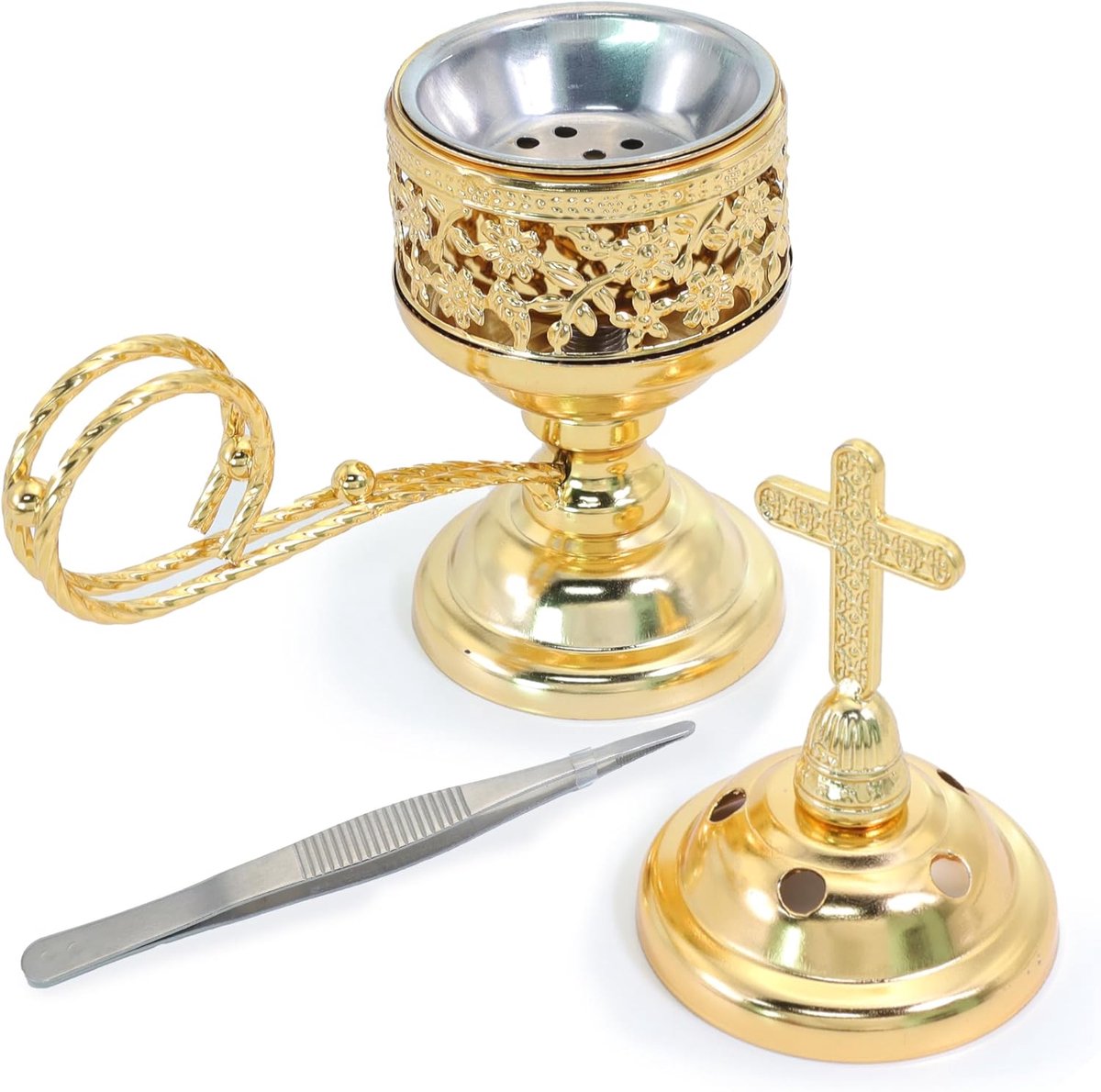 Classic Church Incense Burner with Cross, 15.5cm Traditional Metal Incense Holder for Resin, Charcoal and Baking Hear - ShopVlot