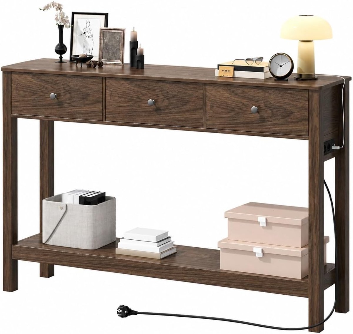 Smalle consoletafel met stekkerdoos, haltafel met 3 laden en plank, bijzettafel met USB-aansluitingen, banktafel voor hal, woonkamer, keuken, 130 x 30 x 80 cm, bruin