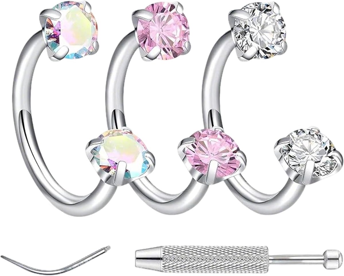 3 stuks, 7 mm set, titaniumstaal, septum, zirkoon, neuspiercing, ring, oorkraakbeen, neusring, veelzijdig voor wenkbrauwen, lippen, oorkraakbeen, oren, dames en heren