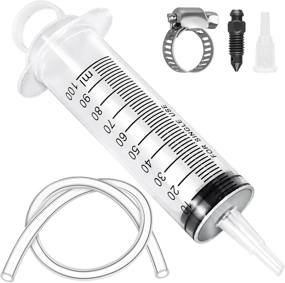 100 ml spuit remontluchter met 50 cm slang en adapter | Voor motorfiets, fiets, scooter en auto, inclusief drukklem, olie-afzuiging, remvloeistof wisselen, effectieve ontluchting