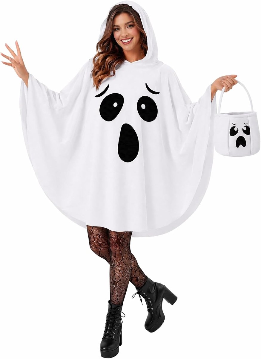 Kostuum Voor Dames, Spook Kostuum Witte Spook Set Met Cape En Tas, Griezelig Halloween Kostuum Voor Volwassenen, Cosplay En Theafeest