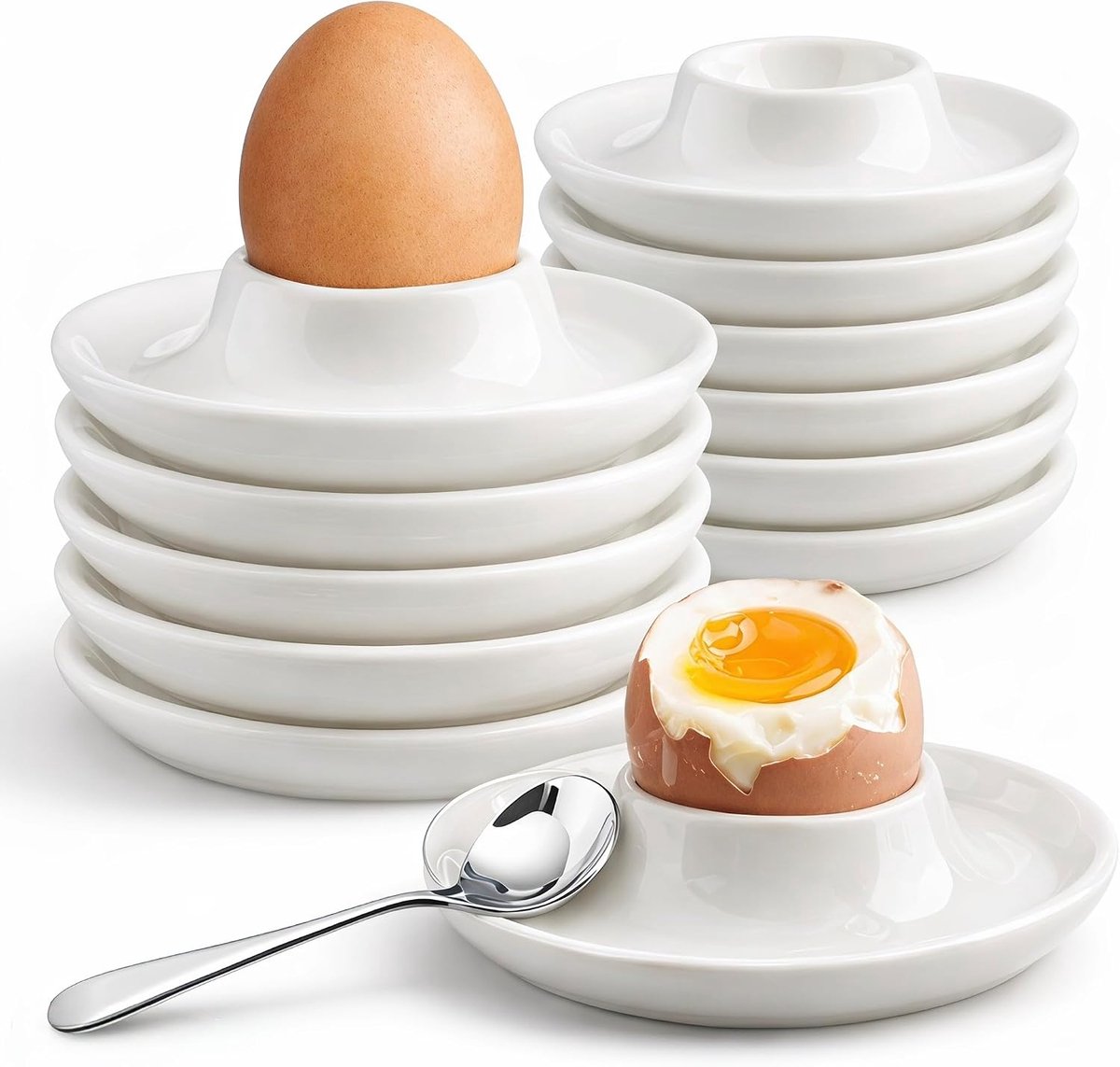 Eierdopjes, set van 12 witte porseleinen eierdopjes, stapelbaar, vaatwasmachinebestendig, hoogwaardige ronde eierdopjes voor ontbijt, eettafel en camping