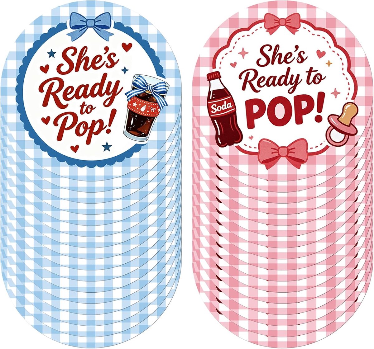 32 stuks 'She's Ready to Pop' babyshower decoratiestickers in roze en blauw, 'She's Ready to Pop' stickers voor gasten, cadeautjes en decoratie voor cadeauverpakkingen Sticker Geschenk Tags