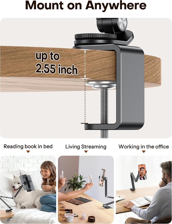 Verstelbare Tablet Stand met 360° Rotatie voor iPad en Smartphones tot 12", Stabiele Arm en Geschikt voor Alle Tablets — afbeelding 3