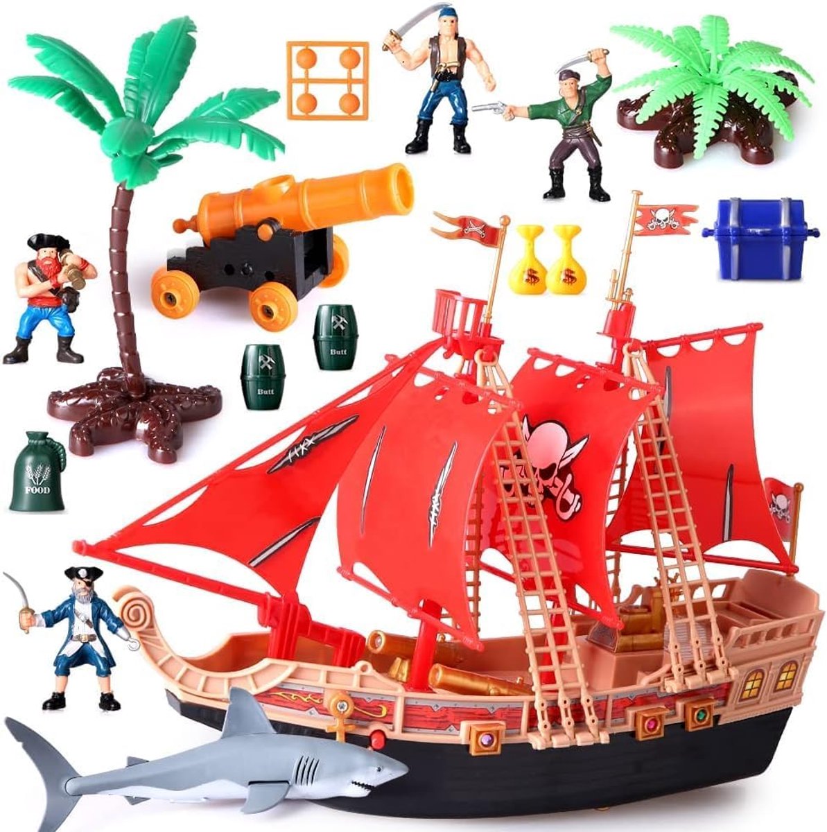 Speelgoedset voor kinderen, grote piratenboot met kanon, haai, palm en piratenfiguren, pedagogisch rollenspel, cadeau voor jongens en meisjes jaar