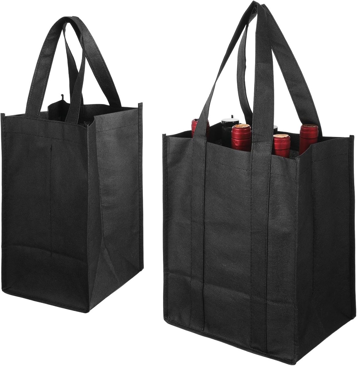 2 stuks flessentas, 6 en 4 stuks, dranktas voor 6 flessen van vliesstof met scheidingswanden, tas voor flessen tot 1,5 l, bottlebag, zwart