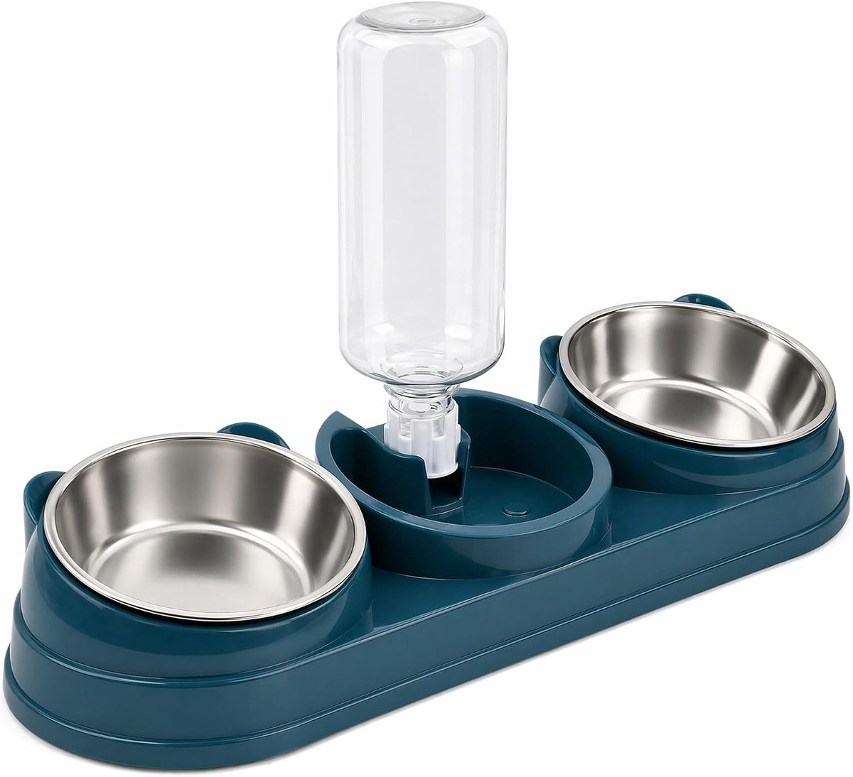 Voerbak voor katten, dubbele voerbak met 500 ml waterfles, verhoogde en hellende voerbak met droge en natte scheiding voor huisdieren zoals honden en katten