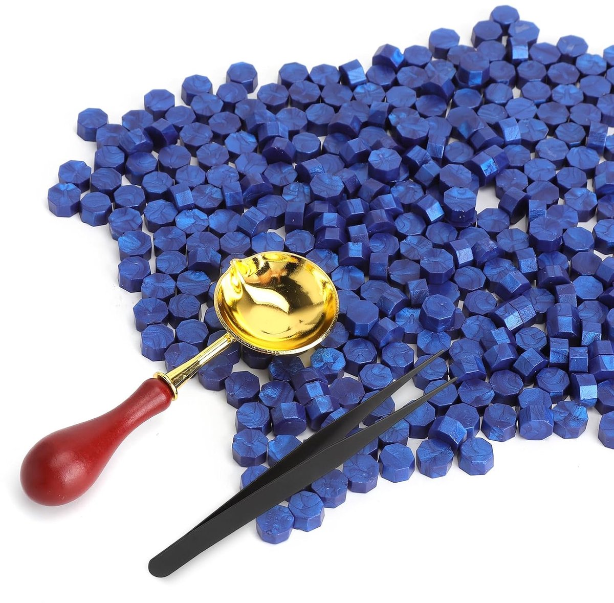 300 stuks zegelwasparels, blauwe achthoekige waszegelstempels met smeltlepel en pincet, zegellak voor stempels, kaarten, uitnodigingen, bruiloft, enveloppen, doe-het-zelf, knutselen