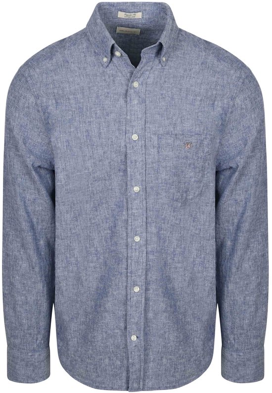 Blauw linnen Gant-overhemd met knopen, borstzak en logo.