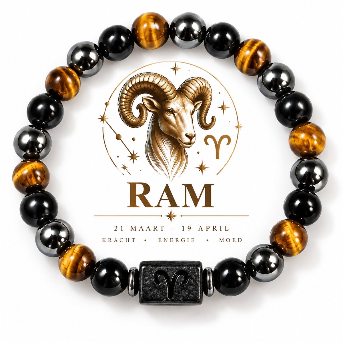 S4H Sterrenbeeld Armband Aries – Tijgeroog, Hematiet & Obsidiaan | Ram Edelsteen Armband