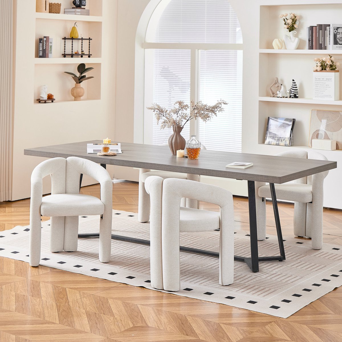 MIVRAY Eetkamerstoel Set Van 4 - Armleuningen Ergonomische Bekleding - Chenille - Beige