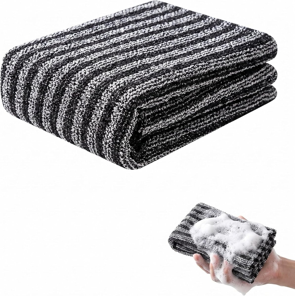 Scrubber douchehanddoek, 25 x 100 cm, 1 stuk, zwart gestreept, extra lange rug voor diepe lichaamsreiniging en zachte - ShopVlot