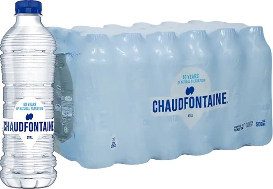 Chaudfontaine stil mineraalwater, 24 flessen van 500ml verpakt in folie, met blauwe doppen.