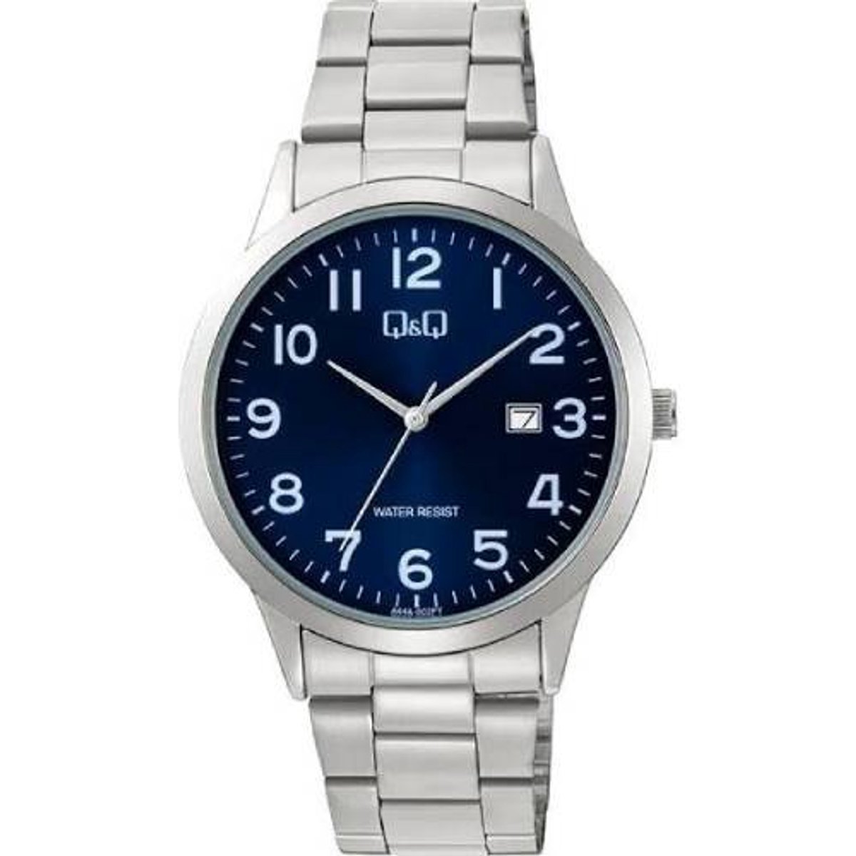 QQ-model a44a-002py-horloge-heren-Datum-blauwe wijzerplaat-duidelijke wijzerplaat-diameter 40 mm-3 atm