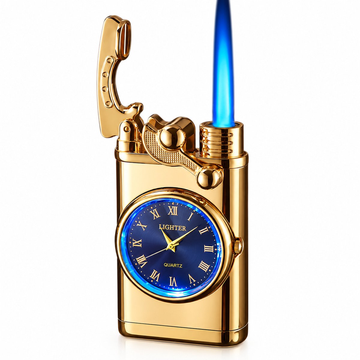Nina’s Giftshop® Luxe Gouden Aansteker met Klok – Windproof Gasaansteker – Navulbaar – Verstelbare Vlam – Cadeau voor Man & Vrouw – Verjaardag, Vaderdag & Kerst