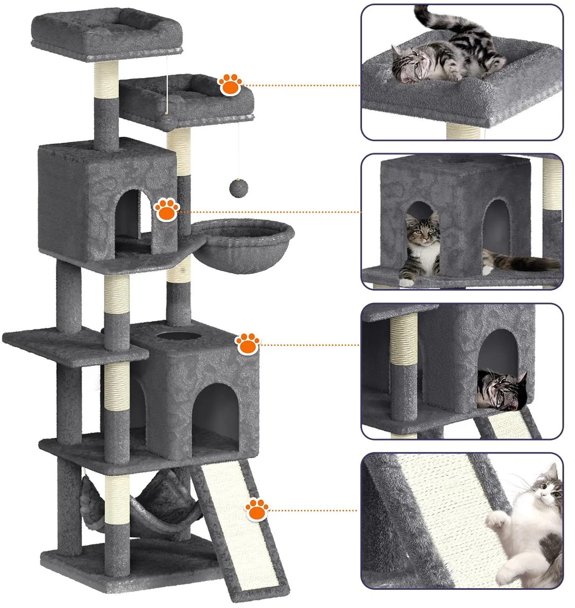 Heidat krappaal - Luxe Kattenhuis - Katten klimtoren - 158 cm - Grijs - Eenvoudige montage