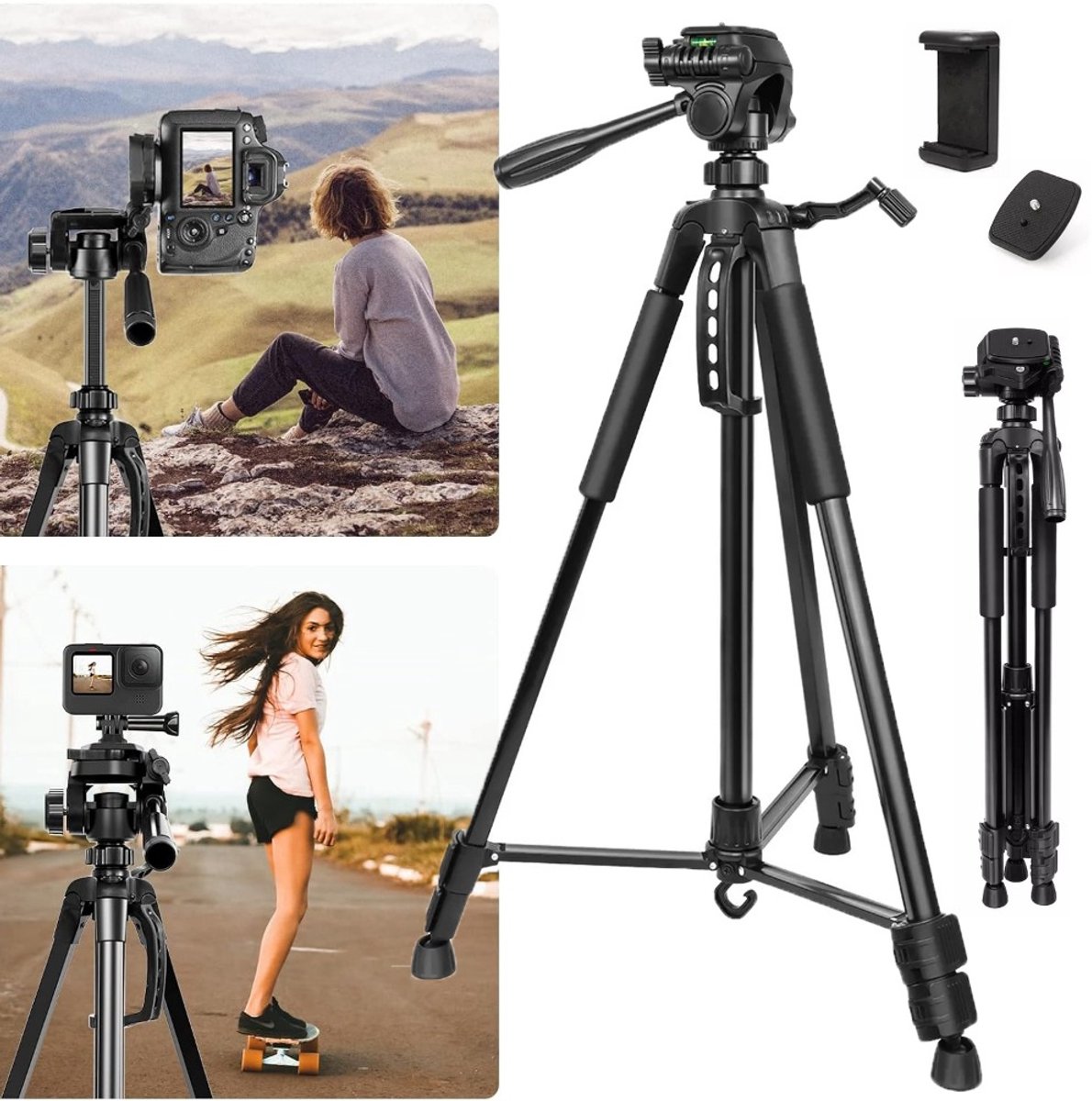 61-168 cm En 360° Draaibaar – Verstelbaar Camerastatief Van Robuust Aluminium – Opvouwbaar Met Draagtas En Stabilisatiehaak – Voor Vloggen En Streamen Vanaf Het Begin Van Het Schooljaar – Zwart