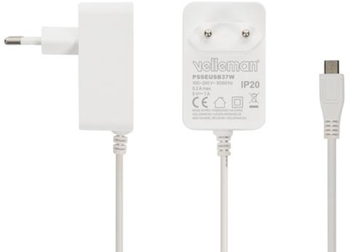 HQ-Power Compacte lader met micro-USB-aansluiting, 5 V - 2.5 A – 12.5 W, universele ingang 100-240 VAC, lange kabel van 150 cm, lichtgewicht ontwerp, ideaal voor reizen en dagelijks gebruik, wit