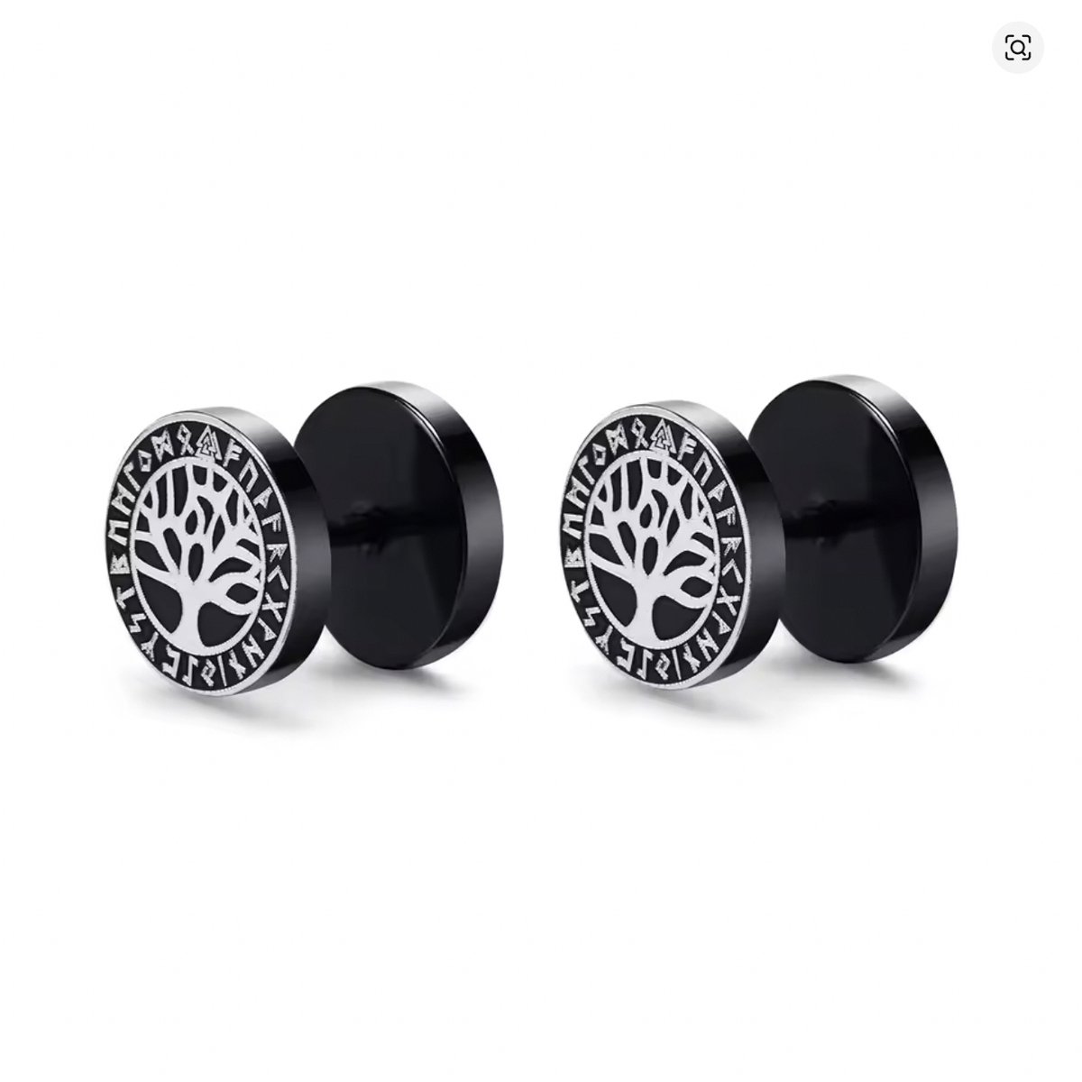 Zwarte Studs Mannen Oorbellen - levensboom - gotisch - viking - Ø 10 mm