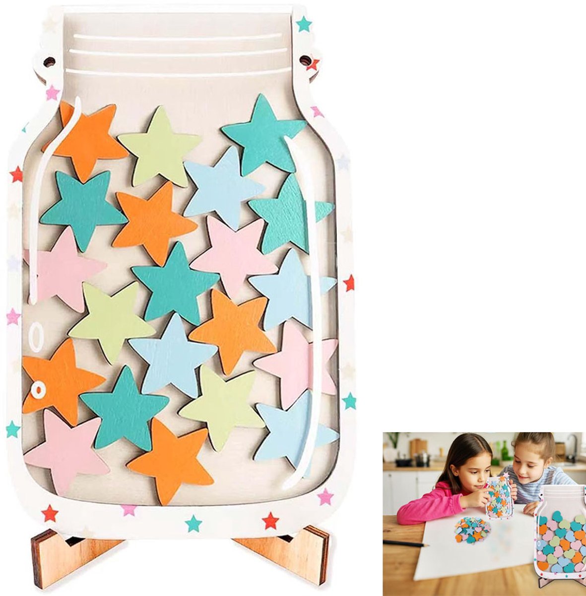 Beloningspot - Sterrenbeloningspot - Motivatie voor het gezin - Houten ornament - 21x13,7 cm - 25 gekleurde sterren - Inclusief voetstuk en magneet - Geschikt voor gedragsbegeleiding, beloningsmechanismen en decoratie voor kinderen - Bruin
