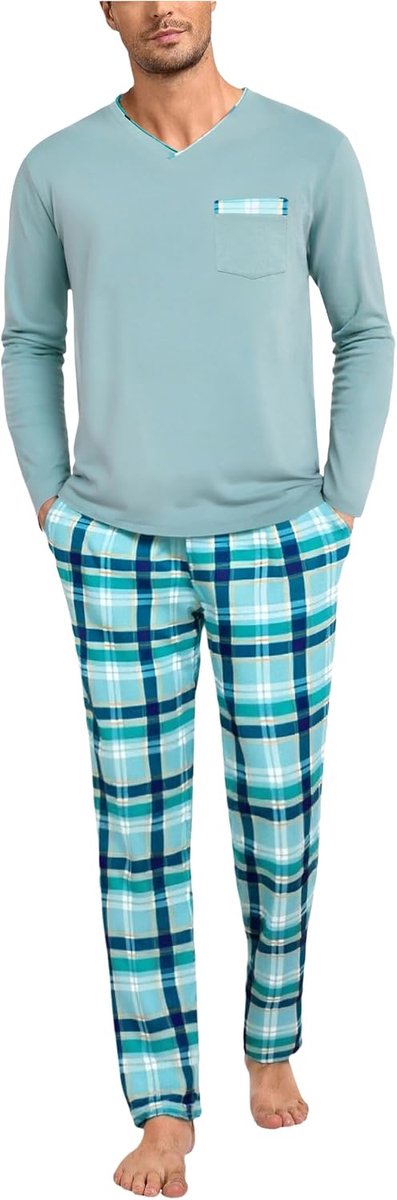 Winterpyjama van katoen, tweedelige pyjama, pyjama met lange mouwen en geruite broek, S-4XL
