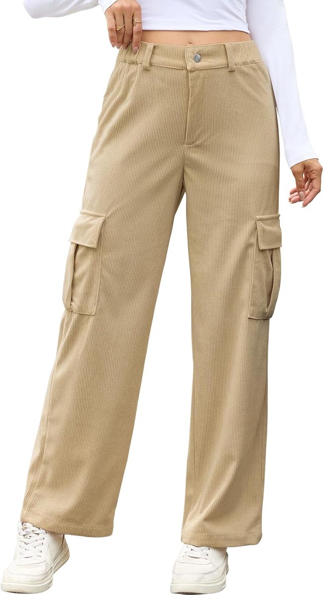 Corduroy broek Elastische hoge taille wijde pijpen broek met zijzakken