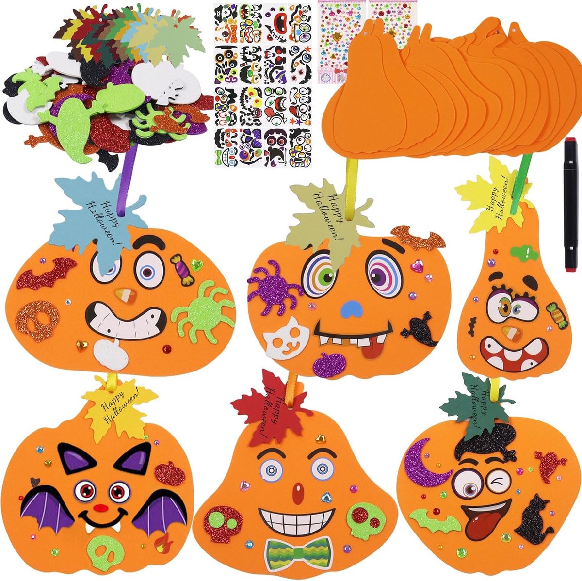 12 stuks Halloween knutselset voor kinderen, doe-het-zelf pompoen, knutselset, herfst knutselen voor kinderen, Halloween pompoen, knutselset, schuim met stickers, pompoen Halloween