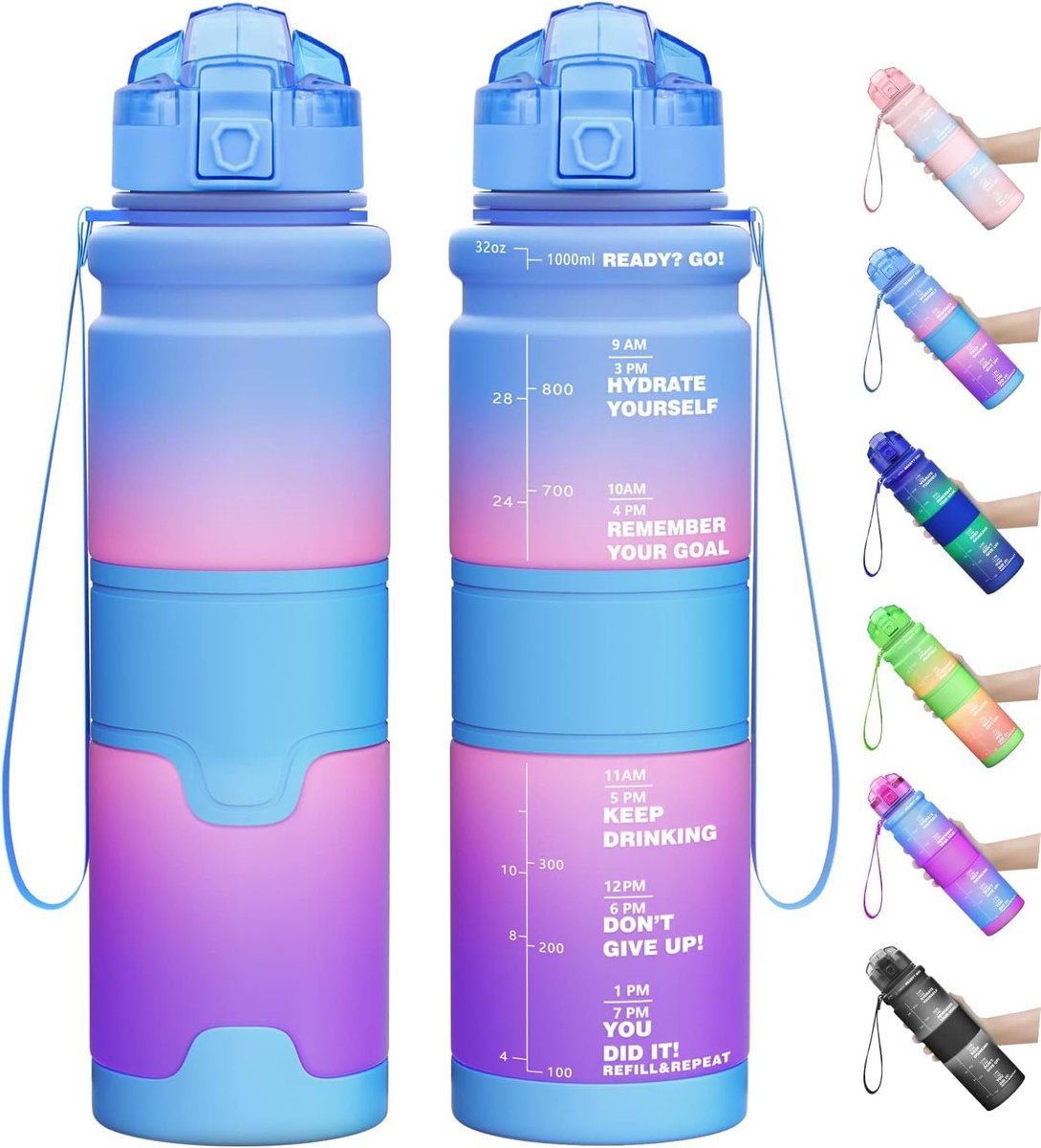 Tritan BPA-vrije waterfles voor kinderen, 1 l/500 ml, geschikt voor koolzuurhoudende dranken, lekvrij, sportdrinkfles met tijdmarkeringen en fruitinzet voor school, fiets, fitness