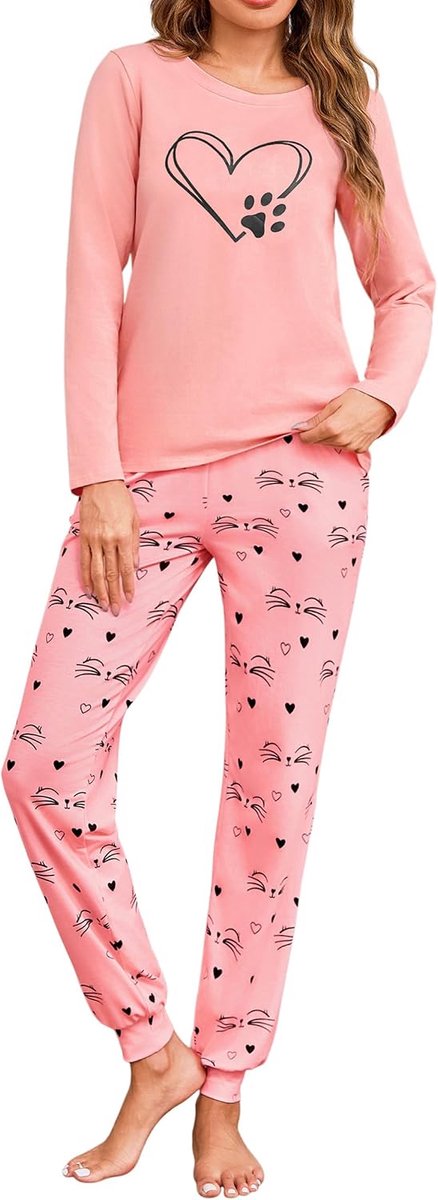 Katoenen Pyjamasets met lange mouwen, dames, nachtkleding met ronde hals, top met kattenprint en pyjamabroek