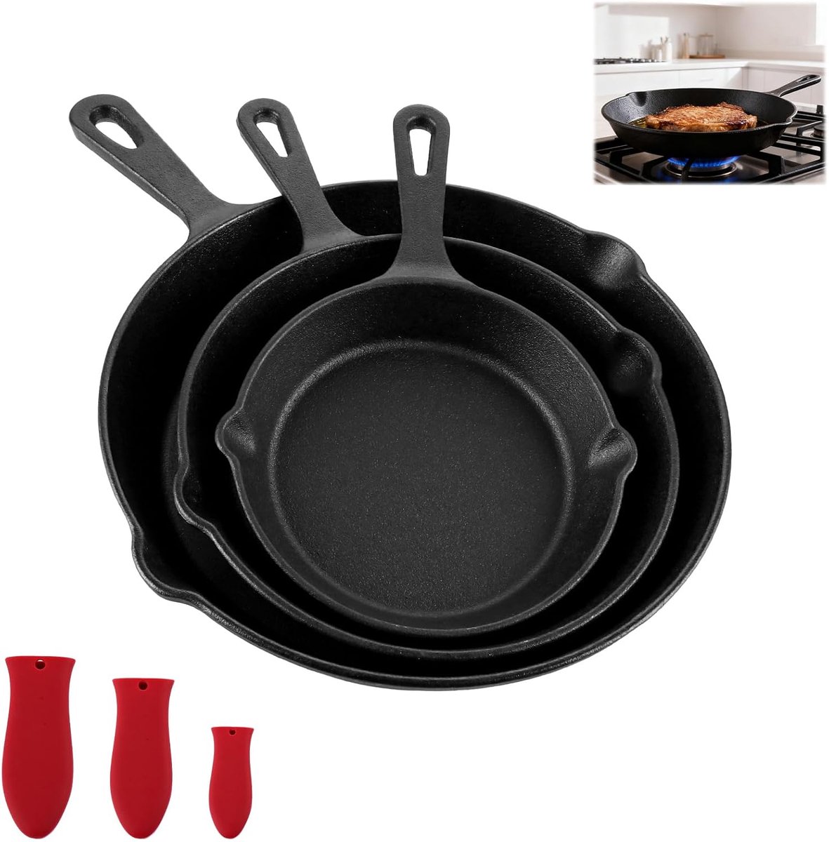 Set van 3, 3 Stuks Gietijzeren Pan Set, 16 20 25 cm Koekenpannen met Siliconen Handgreep voor Bakken Braden Keuken Oven Fornuis Normaal Gebruik