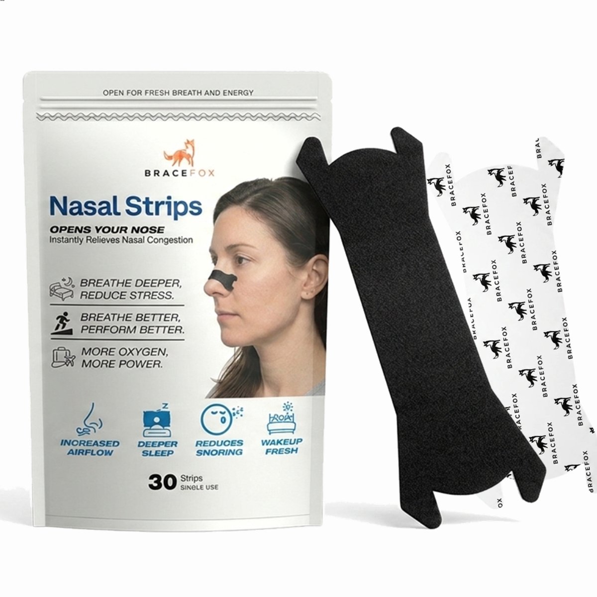 Bracefox® Medische Neusstrips | 30 Stuks | Anti Snurk Pleisters | Neuspleisters tegen Snurken & Verstopte Neus (Verkoudheid) | Neusstrip voor Slapen | Extra Sterk | Dames & Heren | Zwart | Universele maat