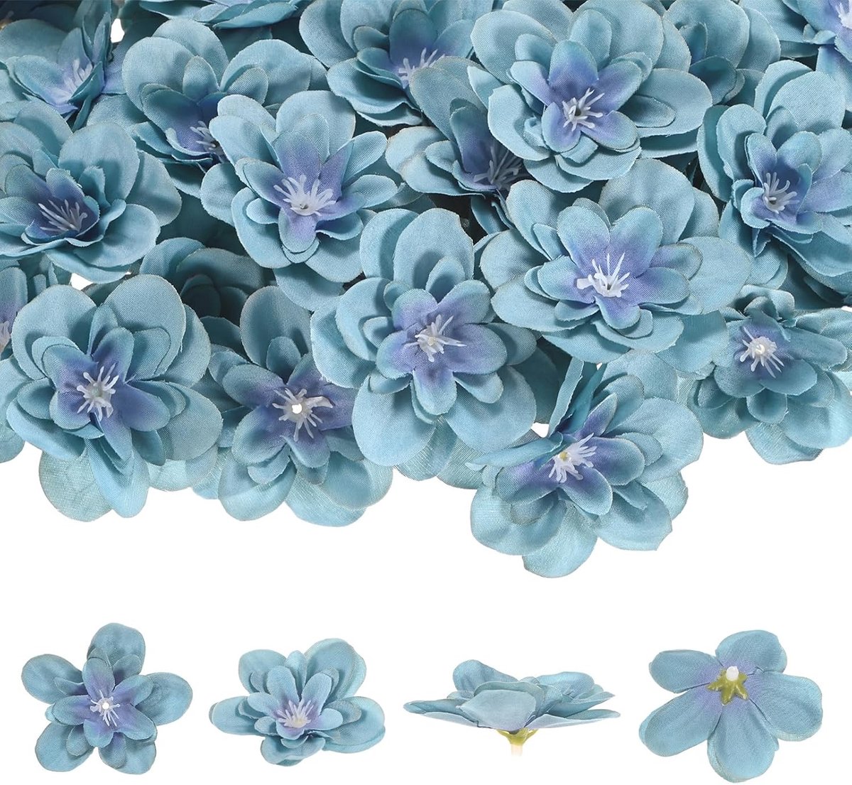 Kunstmatige bloemhoofden (6,5 cm, grijsblauw) 100 stuks - Delphinium Zijde Nepbloemen & Faux Bloemen Bulk, van toepassing op doe-het-zelf ambachten/bruiloft/feest/decoratie/thuis