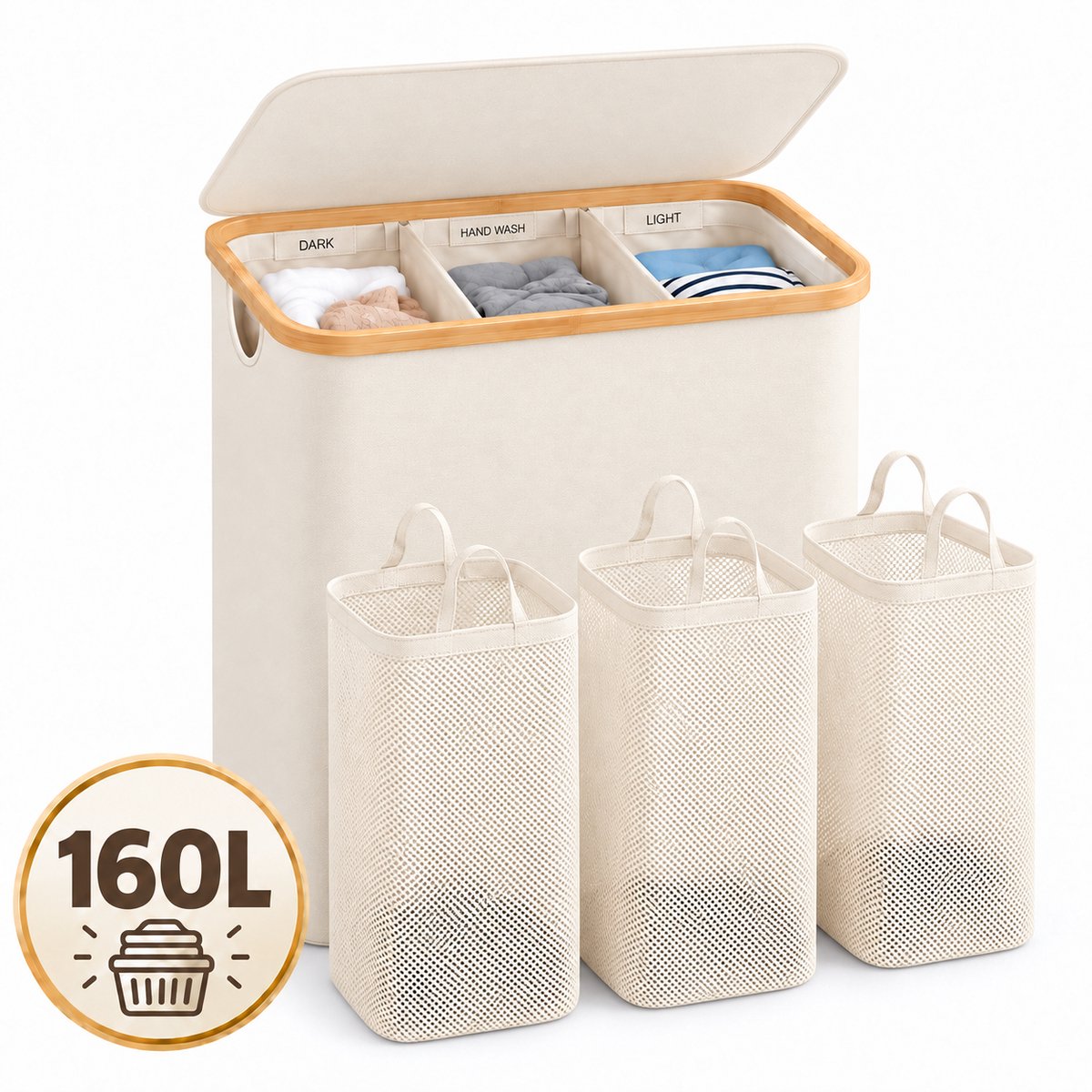 YYchan Wasmand 3 Vakken-Wasmand Met Deksel-Wassorteerder Bamboe-Oxford-Stof-Laundry Basket-Classificatielabel-Beige-160L