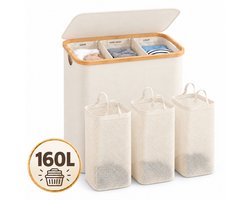 YYchan Wasmand 3 Vakken-Wasmand Met Deksel-Wassorteerder Bamboe-Oxford-Stof-Laundry Basket-Classificatielabel-Beige-160L