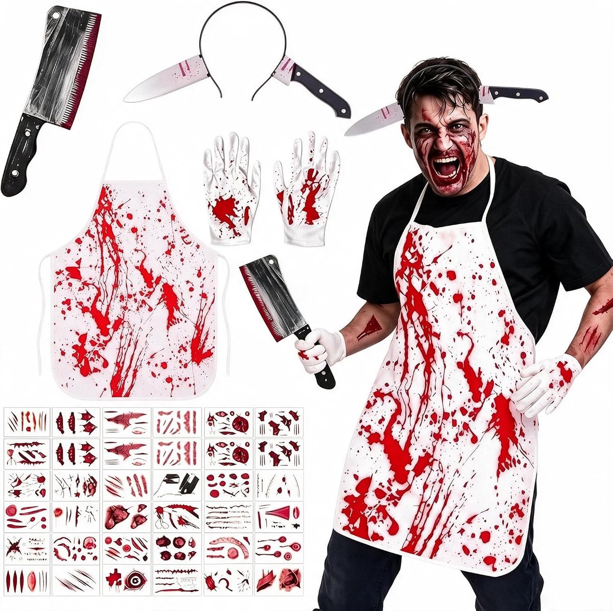 Slagerkostuum voor heren, slagerkostuum met kunststof mes, hoofdband, bloedige schort, handschoenen en tatoeage, voor grappen, Halloween, carnaval