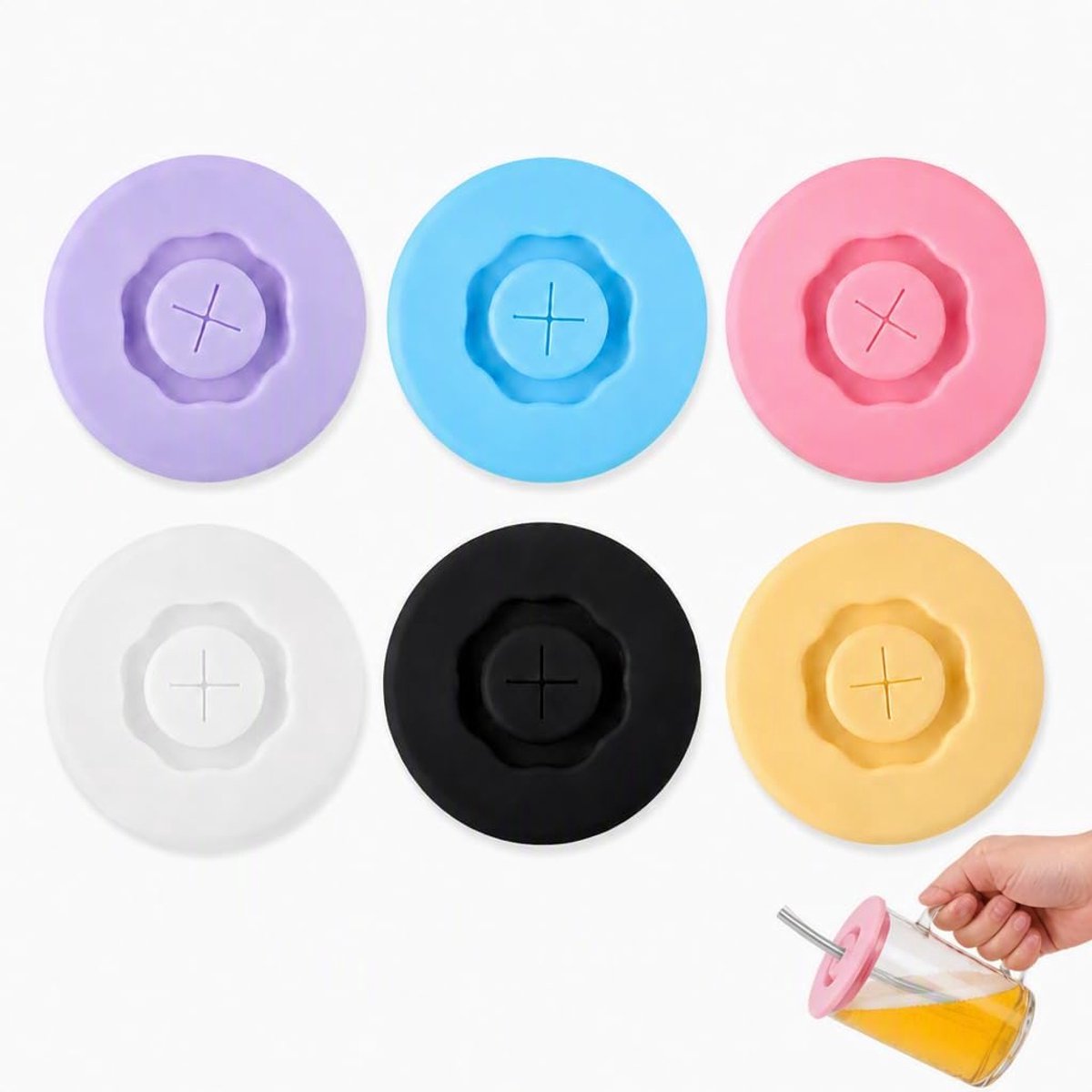 Deksels van siliconen, uittrekbaar, 6 stuks, stofdicht, 90 mm, met rietgat voor beker, mok en glas, herbruikbare bescherming, BPA-vrij, 6 kleuren