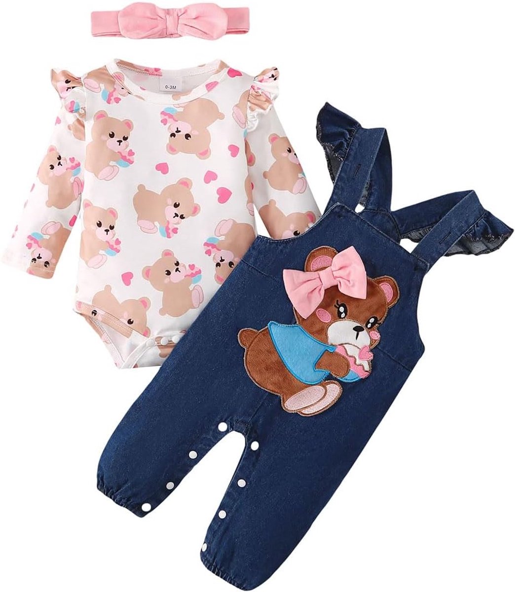 Babykleding voor meisjes, herfst, schattig, bedrukt, liefde, romper, top + cartoon-beer, tuinbroek, hoofdband, 3-delige set, 0-18 maanden
