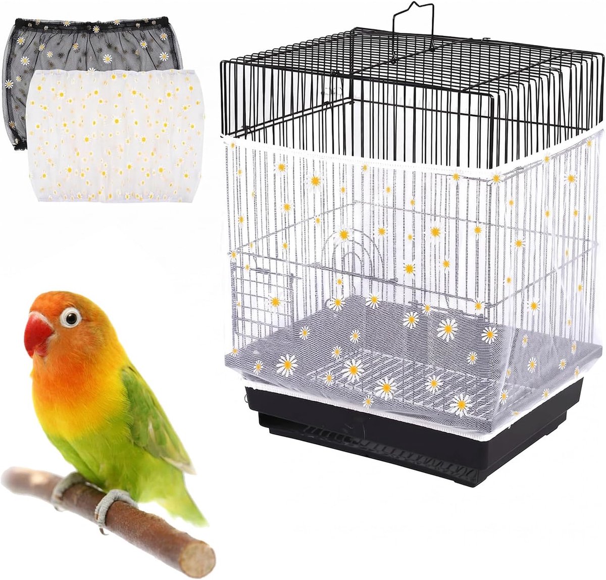 2 vogelkooiafdekking, madeliefjesprint, beschermnet, zwart en wit, maat S, nylon kap met trekkoord voor kooien omtrek 80-110 cm, hoogte 20 cm, voor kanarievogels, praktisch