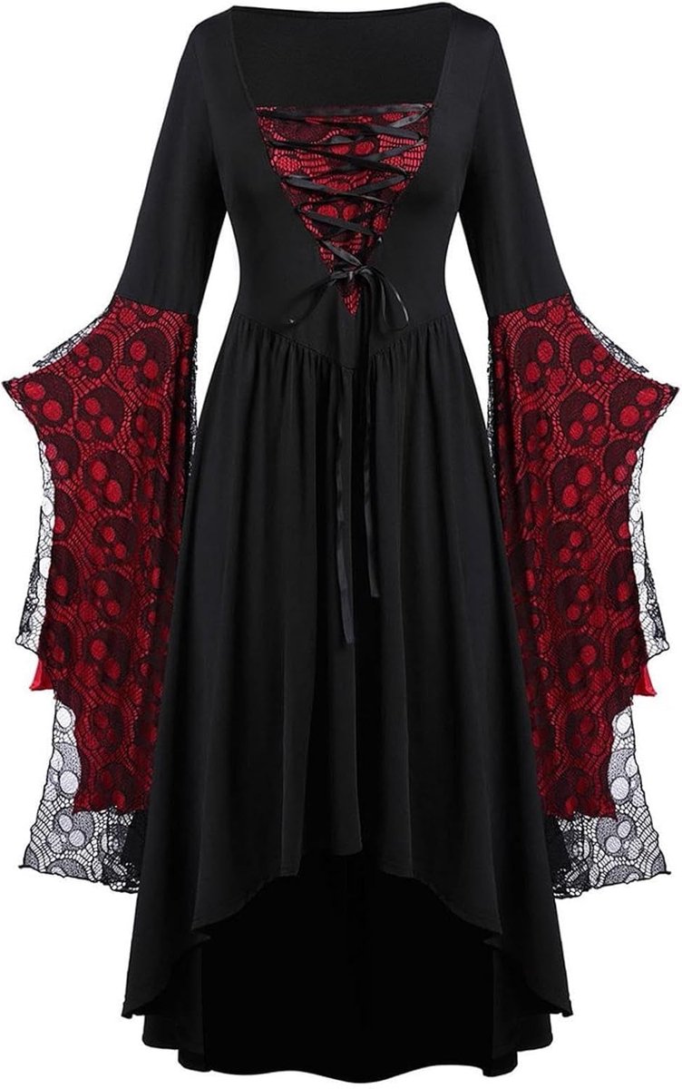 Jurk voor dames met doodshoofd, kant, Halloween, vampier, heksenkostuum