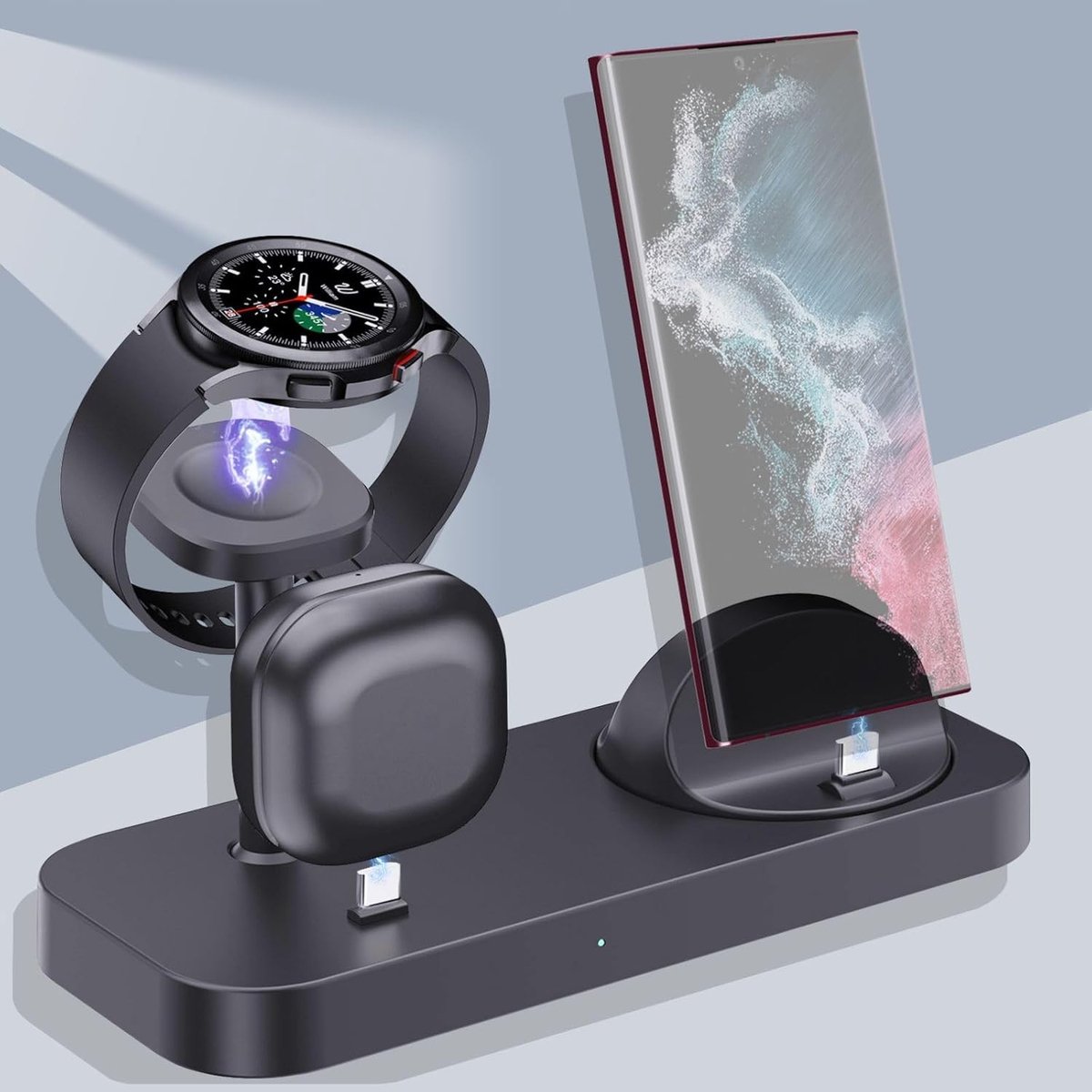 Draadloos Oplaadstation 4-in-1 voor Android Smartphones, Smartwatches en Draadloze Oordopjes - Geschikt voor Galaxy Z Flip, Z Fold, S-series en Galaxy Watch (Zwart)