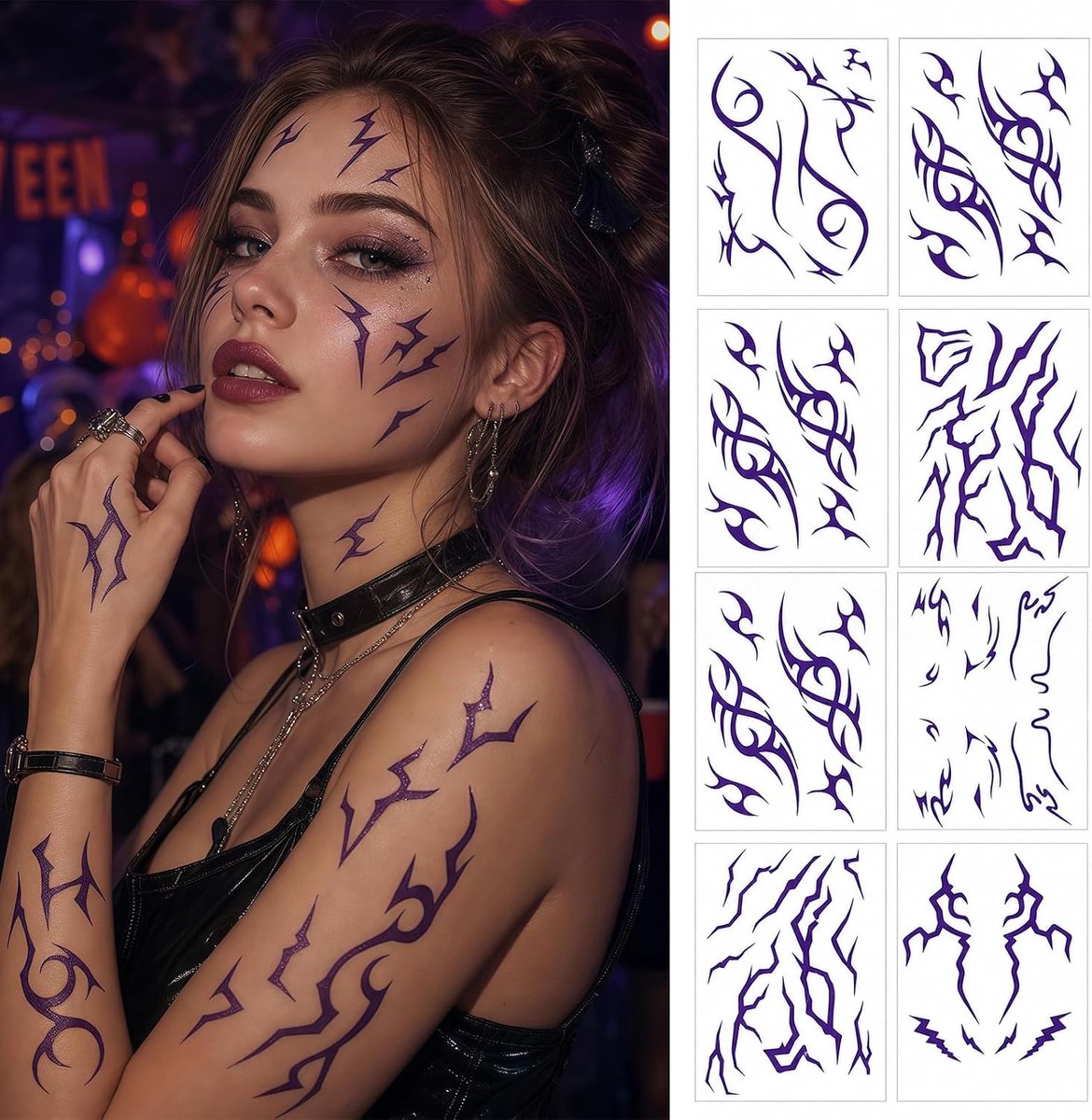 Tijdelijke tatoeages gezichtsstickers in duivels-look, glow in the dark, doornen, tanden, krassen, haakpatroon, huidvriendelijk, lichaamsstickers voor cosplay, carnaval, feestjes