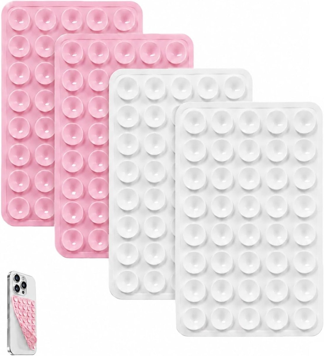 Mobiele telefoon set van 4 (2 roze, 2 wit) | Dubbelzijdige siliconen grip | Stabiel voor smartphones: fixeert selfies, video's en draadloos opladen zonder wegglijden (10 * 6.5cm)