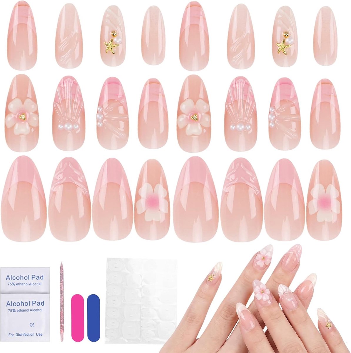 On Nails kort, 24 stuks, nude, roze, French