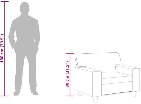 Silhouet van een man naast een schematische tekening van een 80 cm hoge fauteuil.
