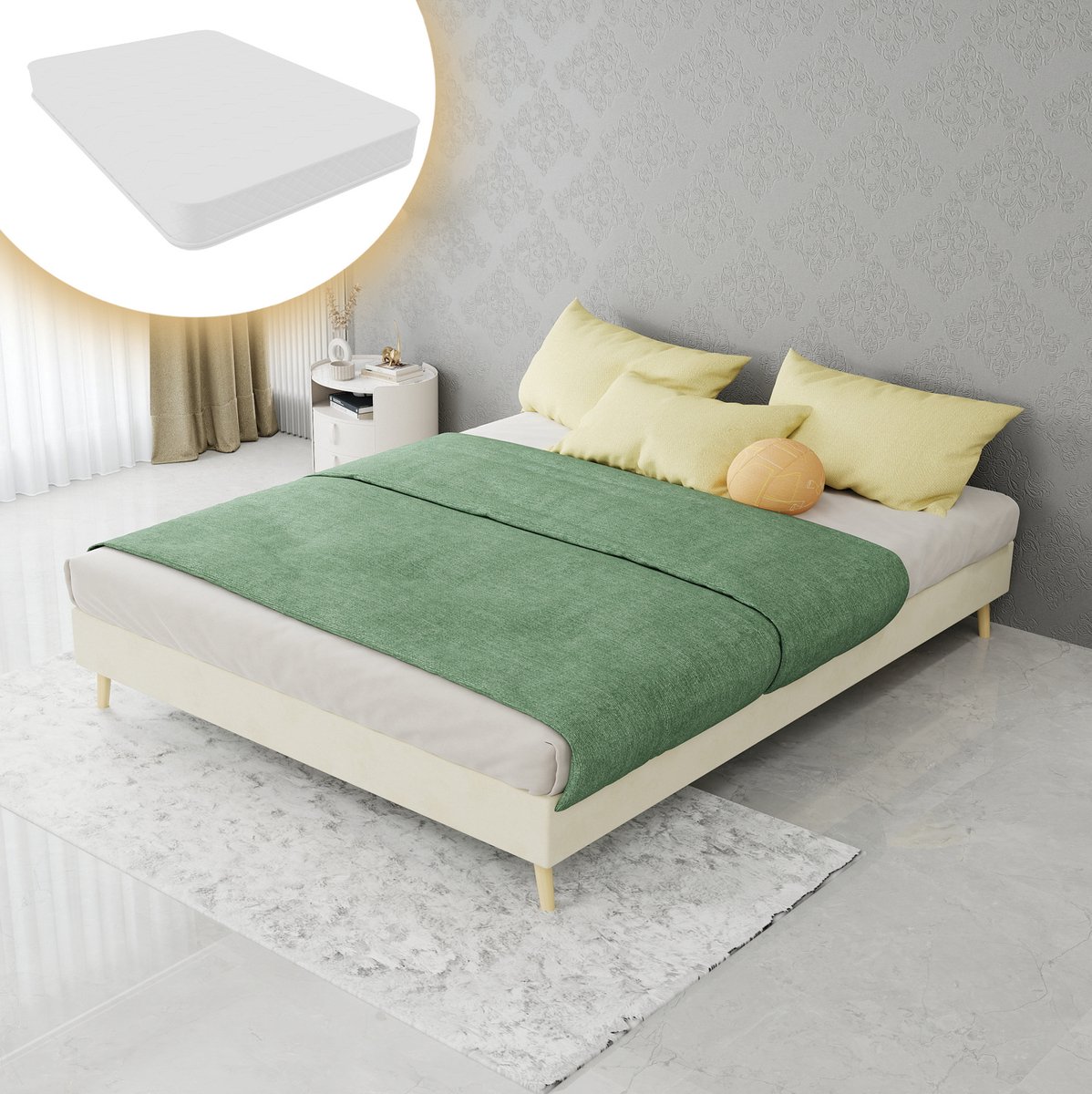 REDOM Bedframe - 140 x 200 cm - Laag profiel - Platformbed - Matras inbegrepen - Moderne stijl - Fluwelen stof en metaal - Beige - Zonder hoofdbord