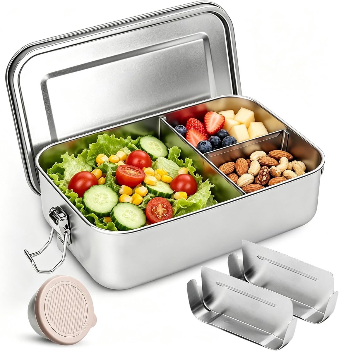Lunchbox 1400ml van 304 Roestvrij Staal, Broodtrommel met Vakken, Bento Box met 1 T-Verdeler, 2 U-Verdelers en Sausbakje, Lunchbox voor Werk, School, Picknick en Reizen